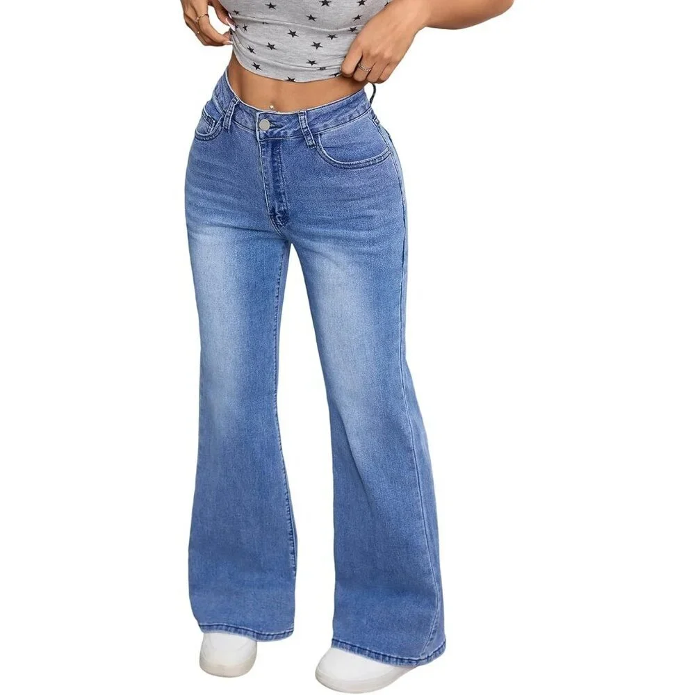 Women's Stretchy High Waisted Bootcut Jeans Retro Flare Wide Leg Pants